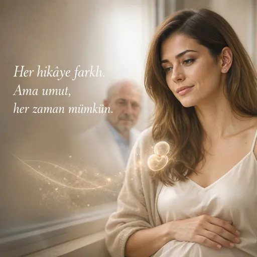 Pencere kenarında sakin düşünen kadın ve arka planda hekim silueti; yaşa göre tüp bebek başarısı ve kişisel değerlendirme sürecini simgeleyen editoryal görsel.