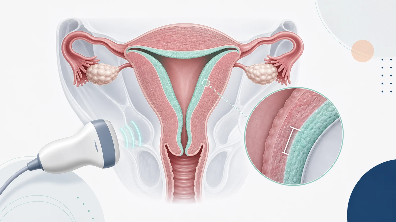 Tüp bebek tedavisinde transvajinal ultrasonla endometrium kalınlığının ölçümünü gösteren rahim kesiti ve büyütülmüş rahim iç tabakası illüstrasyonu