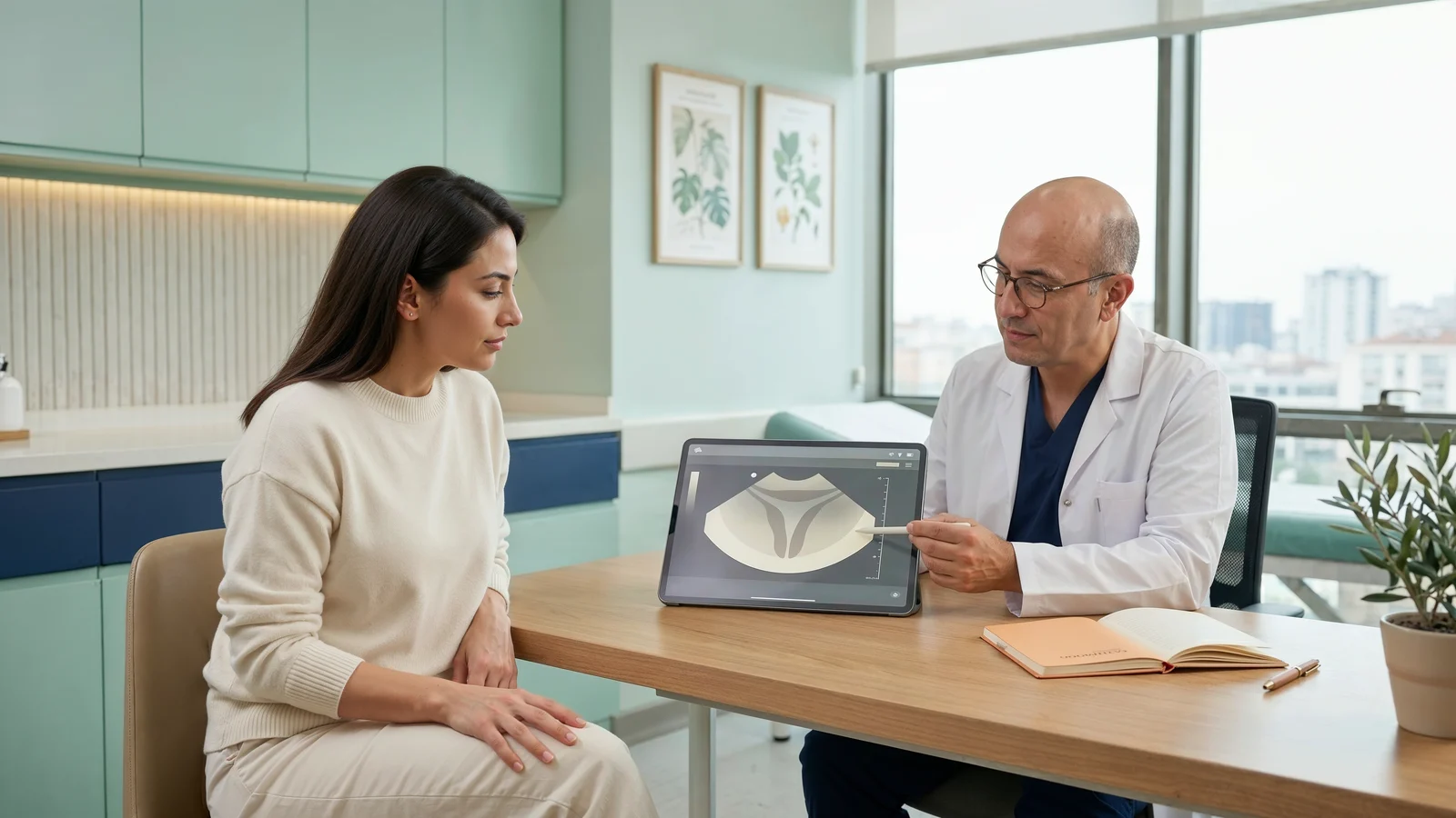 Tüp bebek tedavisinde endometrium kalınlığı hakkında doktorun yetişkin hastaya tablet üzerinde rahim iç tabakasını anlattığı sakin klinik görüşme