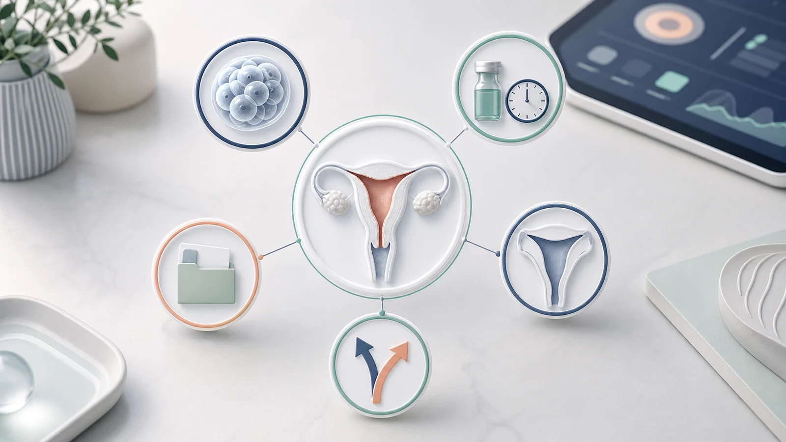 Embriyo transferi kararında endometrium kalınlığına ek olarak embriyo kalitesi, hormon zamanlaması, rahim içi yapı, transfer tipi ve hasta öyküsünün birlikte değerlendirildiğini gösteren medikal illüstrasyon