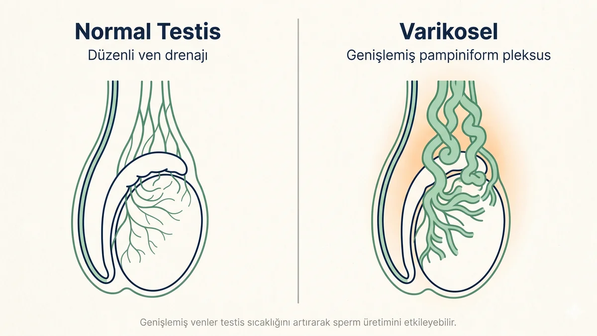 Normal testis ile varikoselin yan yana anatomik karşılaştırması: solda ince düzenli pampiniform pleksus venleri, sağda genişlemiş ve kıvrılmış venler ile sıcaklık halesi.